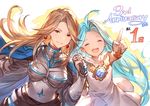  ahoge anniversary armor blue_hair brown_hair closed_eyes countdown dress earrings gem granblue_fantasy hair_intakes highres interlocked_fingers jewelry katalina_aryze long_hair looking_at_viewer lyria_(granblue_fantasy) minaba_hideo multiple_girls official_art open_mouth red_eyes simple_background smile upper_body white_background white_dress 