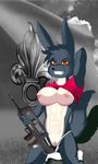  2017 anthro assault_rifle bottomless breasts clothed clothing digital_media_(artwork) eeveelution famas female flag foreign_legion grin gun hi_res kneeling legion_etrangere lucaschu monochrome nintendo outside panties pok&eacute;mon presenting presenting_pussy pussy ranged_weapon rifle smile topless umbreon underwear video_games weapon 