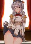  backlighting beret blurry commentary_request curly_hair curtains depth_of_field epaulettes gloves hat highres kantai_collection kashima_(kantai_collection) long_hair looking_at_viewer saruchitan shade silver_eyes silver_hair sitting skirt skirt_lift smile solo table thighs twintails white_gloves window 