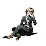  alpha_transparency blonde_hair blue_eyes closed_mouth crossed_legs danganronpa danganronpa_1 divine_gate full_body glasses head_tilt looking_at_viewer male_focus official_art shadow shoes sitting solo togami_byakuya transparent_background ucmm 