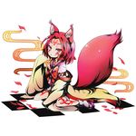  alpha_transparency animal_ear_fluff animal_ears bow bowtie checkered collarbone divine_gate facial_tattoo fox_ears fox_tail full_body hatsuse_izuna japanese_clothes no_game_no_life official_art orange_eyes red_bow red_hair short_hair sitting solo tail tattoo transparent_background ucmm 
