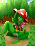  2017 anthro blush breasts bush butt day digital_media_(artwork) enoki_(thompson-vonjung) erection female flora_fauna flower forest gree_skin hair hat leaf masturbation not_furry nude open_mouth outside penetration plant pussy solo spreading thompson-vonjung tree vaginal 
