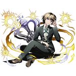  alpha_transparency blonde_hair blue_eyes closed_mouth crossed_legs crown danganronpa danganronpa_1 divine_gate eyewear_removed feathers full_body glasses head_tilt holding holding_eyewear looking_at_viewer male_focus official_art shadow shoes sitting solo togami_byakuya transparent_background ucmm 