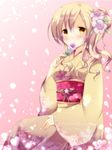  blonde_hair flower hair_flower hair_ornament japanese_clothes kimono long_hair mahou_shoujo_madoka_magica nanoha-h pink_background solo tomoe_mami yellow_eyes yellow_kimono yukata 