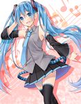  beamed_eighth_notes blue_eyes blue_hair detached_sleeves eighth_note hatsune_miku highres long_hair musical_note necktie open_mouth quarter_note renkon_(re_n_k_n) skirt solo staff_(music) thighhighs twintails very_long_hair vocaloid 