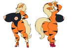  2017 anthro arcanine big_breasts big_butt breasts butt chest_tuft clothing curves deadpliss featureless_crotch female footwear high_heels invalid_tag kaboozle looking_back mostly_nude navel nintendo nipples nude pok&eacute;mon pok&eacute;morph shoes side_boob smile solo stripes tuft video_games 