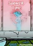  2017 anthro balls bathroom blue_fur butt cartoon_network cat comic crazyman1337 crazyman446 erection feline fur gumball_watterson male mammal nipples nude penis shower smile solo son standing text the_amazing_world_of_gumball water wet young 