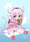  absurdres biting blue_eyes capelet dragon_girl dragon_horns dragon_tail hair_bobbles hair_ornament hairband highres holding horns kanna_kamui kobayashi-san_chi_no_maidragon lavender_hair long_hair looking_at_viewer low_twintails rogeris sitting tail thighhighs turtle twintails white_legwear zettai_ryouiki 