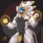  2017 anthro anthrofied balls black_background black_fur blue_body blue_eyes blue_sclera energy english_text feline fur hair humanoid_penis legendary_pok&eacute;mon light lion male mammal muscular muscular_male navel nintendo nipples nude open_mouth penis pok&eacute;ball pok&eacute;mon pok&eacute;morph signature simple_background solgaleo solo teeth text video_games white_fur white_hair yellow_nipples yellow_penis yellow_tongue zorro_re 