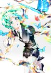  1other ahoge androgynous aqua_eyes aqua_hair artist_request bug butterfly colored_eyelashes crystal_hair eyebrows_visible_through_hair gem_uniform_(houseki_no_kuni) gold golden_arms green_eyes green_hair highres houseki_no_kuni insect lips necktie open_mouth phosphophyllite short_hair solo 