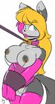  anthro areola ball_gag blonde_hair blush breasts cat duckdraw feline female gag green_eyes grey_nipples hair leash mammal nipple_chain nipple_piercing nipples piercing pink_hair simple_background solo white_background 