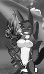 2017 anthro assault_rifle bottomless breasts clothed clothing digital_media_(artwork) eeveelution famas female flag foreign_legion greyscale grin gun hi_res kneeling legion_etrangere lucaschu monochrome nintendo outside panties pok&eacute;mon presenting presenting_pussy pussy ranged_weapon rifle smile topless umbreon underwear video_games weapon 