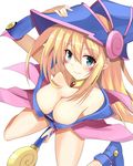  bare_shoulders blonde_hair blue_eyes blush blush_stickers breasts choker cleavage collarbone dark_magician_girl dress duel_monster eve_dizzy eyebrows_visible_through_hair from_above gem groin hand_on_headwear hat large_breasts long_hair looking_at_viewer off-shoulder_dress off_shoulder pentacle pentagram pink_skirt showgirl_skirt simple_background skirt smile solo staff vambraces white_background wizard_hat yuu-gi-ou 