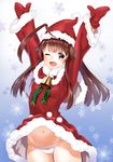  ;d ahoge animal_print arms_up bear_panties bear_print brown_eyes brown_hair commentary_request dress dress_lift fang hat highres kantai_collection kuma_(kantai_collection) long_hair looking_at_viewer mittens navel one_eye_closed open_mouth panties print_panties red_dress santa_costume santa_hat saruchitan smile snowflakes solo underwear white_panties 