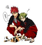  cat closed_eyes eighth_note fusuma_(nohbrk) green_hair grin injury male_focus multiple_boys musical_note ookanehira_(touken_ranbu) red_hair sandals smile spoken_musical_note squatting squiggle thought_bubble touken_ranbu track_suit translated uguisumaru 