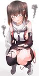  absurdres bare_shoulders black_gloves black_skirt boruhis breasts brown_hair closed_eyes detached_sleeves elbow_gloves fingerless_gloves gloves hair_ornament highres kantai_collection medium_breasts neckerchief remodel_(kantai_collection) scarf school_uniform sendai_(kantai_collection) serafuku short_hair sideboob single_thighhigh skirt solo squatting thighhighs thighs torn_clothes two_side_up white_scarf 