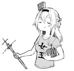  alternate_costume braid breasts closed_eyes collarbone commentary french_braid globus_cruciger greyscale hair_between_eyes hairband kantai_collection long_hair monochrome scepter shirt short_sleeves simple_background small_breasts smile solo t-shirt takatsuki_nato translated uniqlo upper_body warspite_(kantai_collection) white_background 