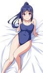  bed_sheet blue_hair blue_swimsuit blush breasts commentary_request competition_school_swimsuit covered_navel highres long_hair long_ponytail looking_at_viewer looking_up love_live! love_live!_sunshine!! matsuura_kanan medium_breasts one-piece_swimsuit ponytail purple_eyes sitting smile solo swimsuit yopparai_oni 