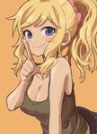  blonde_hair blue_eyes breasts cleavage finger_to_mouth gazacy_(dai) hair_ornament hair_scrunchie highres idolmaster idolmaster_cinderella_girls long_hair medium_breasts ootsuki_yui pants ponytail scrunchie smile solo upper_body vest 