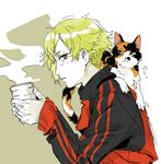  cat cup fusuma_(nohbrk) green_eyes green_hair jacket male_focus profile steam touken_ranbu track_jacket uguisumaru yunomi 