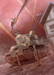  antiaircraft_weapon barbed_wire caterpillar_tracks commentary_request cross earasensha fence fire flakpanzer_v_coelian ground_vehicle highres house il-2 iron_cross military military_vehicle motor_vehicle real_life smoke tank tree war world_war_ii 