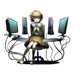  alpha_transparency black_legwear brown_hair brown_skirt chair computer crossdressing danganronpa danganronpa_1 divine_gate fujisaki_chihiro full_body green_ribbon hands_together keyboard_(computer) kneehighs knees_together_feet_apart looking_at_viewer male_focus monitor mouse_(computer) office_chair official_art open_mouth otoko_no_ko ribbon school_uniform short_hair sitting skirt solo tearing_up transparent_background ucmm wire yellow_eyes 