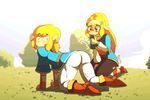  1girl all_fours animated animated_gif ass ass_shake blonde_hair blush diives embarrassed grass kneeling link looking_at_viewer pointy_ears princess_zelda role_reversal smile spanking the_legend_of_zelda the_legend_of_zelda:_breath_of_the_wild thumbs_up tree 