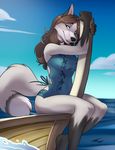  5_fingers anthro black_lips black_nose blue_eyes breasts canine clothing day dipstick_tail eyelashes female fluffy fluffy_tail fur grey_fur inktiger mammal multicolored_tail outside sitting sky smile solo swimsuit 