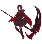  adapted_costume alternate_costume alternate_eye_color cape commentary corruption crescent_rose dark_persona gradient_hair hayami_ritsu high_heels highres multicolored_hair pantyhose red_hair ruby_rose rwby scythe solo torn_cape torn_clothes torn_legwear yellow_eyes 