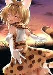  absurdres animal_ears brown_hair closed_eyes commentary_request elbow_gloves gloves go-1 highres kemono_friends open_mouth outstretched_arms round_teeth serval_(kemono_friends) serval_ears serval_print serval_tail short_hair sky solo spread_arms star_(sky) starry_sky sunset tail teeth tree twilight 