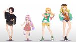  :d alternate_costume black_hair blonde_hair blue_eyes breasts cameo casual cleavage collarbone commentary commentary_request denim denim_shorts dragon_tail elma_(maidragon) eyewear_removed gradient gradient_background gradient_hair hairband height_difference heterochromia highres jewelry kanna_kamui kobayashi-san_chi_no_maidragon kobayashi_(maidragon) large_breasts long_hair low-tied_long_hair magatsuchi_shouta medium_breasts multicolored_hair multiple_girls navel necklace neps-l open_mouth orange_eyes quetzalcoatl_(maidragon) sandals short_hair short_shorts shorts simple_background smile stretch sunglasses suspenders tail toenail_polish tooru_(maidragon) white_background 