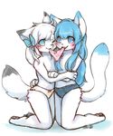  ambiguous_gender anthro blue_eyes blue_hair blush bow canine clothed clothing convenient_censorship dipstick_tail duo fur girly hair hair_covering_breasts hug kneeling long_hair looking_at_viewer lovewolf5122 mammal multicolored_tail one_eye_closed panties panties_in_mouth topless underwear white_fur white_hair wolf 