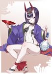  ;) ankle_ribbon ass barefoot barefoot_sandals black_eyes black_hair closed_mouth commentary_request cup fang fang_out fate_(series) feet flat_chest gourd headpiece highres holding horns jewelry looking_at_viewer navel one_eye_closed oni oni_horns ribbon sakazuki saruchitan short_hair shuten_douji_(fate/grand_order) sitting smile soles solo toes 