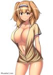  arms_behind_back brown_eyes brown_jacket collarbone covered_nipples cowboy_shot eyebrows_visible_through_hair hairband highres i-26_(kantai_collection) jacket kantai_collection light_brown_hair looking_at_viewer nakamura_kusata navel no_bra no_panties open_clothes open_jacket partially_unzipped shiny shiny_skin simple_background solo standing stomach tareme twitter_username two_side_up white_background zipper 