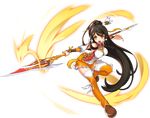  absurdres ara_han black_hair brown_eyes elsword fire full_body hair_ornament hair_ribbon high_ponytail highres holding holding_weapon leg_up little_xia_(elsword) long_hair official_art open_mouth polearm ribbon sando_(artist) solo thighhighs transparent_background weapon white_legwear white_ribbon 