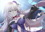  bangs bare_shoulders black_gloves breasts cleavage closed_mouth dress elbow_gloves fate/grand_order fate_(series) gloves hair_ornament jeanne_d'arc_(alter)_(fate) jeanne_d'arc_(fate)_(all) long_hair medium_breasts neck_ribbon purple_dress red_ribbon ribbon shirosuzu silver_hair smile solo very_long_hair yellow_eyes 