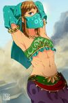  abs alternate_costume armpits arms_behind_head blonde_hair blue_eyes crossdressing detached_sleeves gerudo_link haru3201 highres link looking_at_viewer male_focus navel otoko_no_ko pointy_ears solo stomach the_legend_of_zelda the_legend_of_zelda:_breath_of_the_wild toned toned_male veil 
