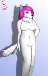  breasts canine featureless_breasts featureless_crotch female fox fur hair mammal pink_eyes pink_hair senseless solo standing white_fur 