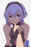  1girl bare_shoulders biting black_hairband blush breasts dark_skin fate/prototype fate/prototype:_fragments_of_blue_and_silver fate_(series) finger_biting finger_licking hairband hassan_of_serenity_(fate) licking looking_at_viewer mzh out_of_frame pov pov_hands purple_eyes purple_hair short_hair small_breasts white_background 