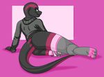  2016 amphibian anthro black_skin butt cheesecake_pose clothing feet female green_eyes grin invalid_tag kristina_isis legwear magenta_skin os panties panties_around_one_leg partial_nudity partly_clothed paws salamander scalie smile stockings sweater thick_thighs underwear 