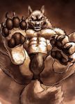 2017 4_toes abs angry barefoot biceps big_feet black_claws black_nose brown_and_white brown_background bulge canine claws clenched_teeth clothed clothing digital_media_(artwork) digitigrade ekamaru fangs foot_fetish foot_focus front_view legs_up looking_at_viewer lying male mammal monochrome muscular muscular_male navel on_back pawpads pecs simple_background solo teeth toe_claws toes topless underwear were werewolf 