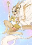  2017 anthro big_breasts blue_background braided_hair breasts brown_fur brown_hair brown_horn brown_scales clothed clothing dragon english_text feathered_wings feathers female fingerless_gloves fur gloves hair horn long_hair looking_at_viewer miiyori multi_ear sailor_moon_(series) scales scalie signature simple_background skirt smile solo sparkle staff tail_tuft text tuft white_feathers wings 