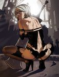  android ass back breasts ganassa high_heels looking_at_viewer looking_back medium_breasts mole mole_under_mouth nier_(series) nier_automata parted_lips short_hair silver_hair solo squatting torn_clothes yorha_type_a_no._2 