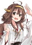  :d ahoge bare_shoulders brown_eyes brown_hair detached_sleeves double_bun hairband headgear japanese_clothes kantai_collection kongou_(kantai_collection) long_hair nerokuro nontraditional_miko open_mouth ribbon-trimmed_sleeves ribbon_trim simple_background smile solo white_background wide_sleeves 