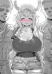  1girl ^o^ abs baseball_cap blush breasts cleavage collarbone dragon_girl dragon_horns eyebrows_visible_through_hair eyes_closed faceless_male greyscale hand_on_another&#039;s_shoulder hand_on_hips hat highres horns huge_breasts imminent_rape kobayashi-san_chi_no_maidragon long_hair looking_at_viewer monochrome navel quetzalcoatl_(maidragon) short_shorts shorts simple_background smile solo standing strap_slip surrounded sweat tank_top topless unbuttoned v white_background you_gonna_get_raped 