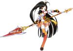  ara_han armpits black_hair detached_sleeves dress elsword full_body hair_ornament hair_ribbon high_ponytail holding holding_weapon leg_up little_xia_(elsword) long_hair looking_at_viewer official_art open_mouth orange_eyes outstretched_arm polearm ribbon sando_(artist) solo thighhighs transparent_background weapon white_legwear white_ribbon 