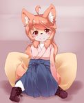  ahoge anthro bd_collie blush boots canine clothed clothing female footwear fox fur hair hi_res inner_ear_fluff japanese_clothing kemono long_hair looking_at_viewer mammal orange_fur red_eyes red_hair smile solo 