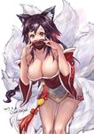  2017 ahri animal_ears artist_name bare_shoulders black_hair blush breasts chocolate chocolate_heart cleavage collarbone covering_mouth cowboy_shot dated detached_sleeves erementa fox_ears fox_tail hanging_breasts heart korean_clothes large_breasts league_of_legends leaning_forward long_hair looking_at_viewer low_neckline multiple_tails sidelocks solo tail whisker_markings wide_sleeves yellow_eyes 