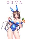  animal_ears artist_name ass_visible_through_thighs bangs bare_shoulders blue_leotard breasts brown_eyes brown_hair bunny_ears bunny_girl bunnysuit carrot character_name cleavage clenched_hand collarbone contrapposto covered_navel cowboy_shot d.va_(overwatch) detached_collar facepaint facial_mark fake_animal_ears fingernails food fruit gabi groin hair_between_eyes hands_up heart heart-shaped_pupils highleg highleg_leotard holding holding_food large_breasts legs_apart leotard lips lipstick long_hair long_legs makeup open_mouth overwatch red_lipstick simple_background solo standing strapless strapless_leotard symbol-shaped_pupils teeth tongue vegetable whisker_markings white_background wrist_cuffs 