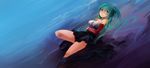  1girl alternate_hairstyle arceonn bare_shoulders black_skirt breasts detached_sleeves dutch_angle floating green_eyes green_hair hatsune_miku leg_up long_hair lying medium_breasts on_back skirt solo strapless two_side_up very_long_hair vocaloid water 